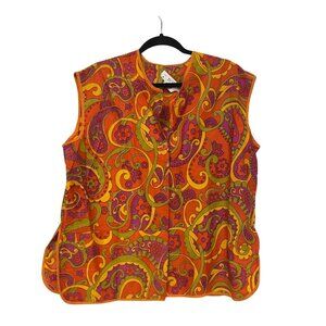Vintage 1960s Womens Smock Top Large Orange Floral Psychedelic Sleeveless EUC